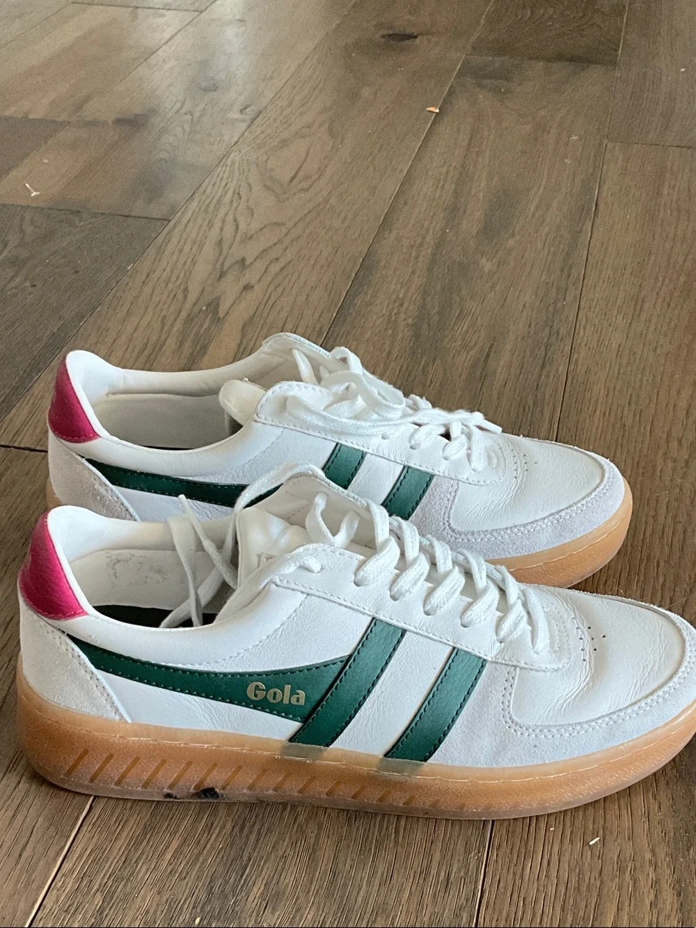 Gola White Leather Sneakers with Green Side Stripes and Pink Heel